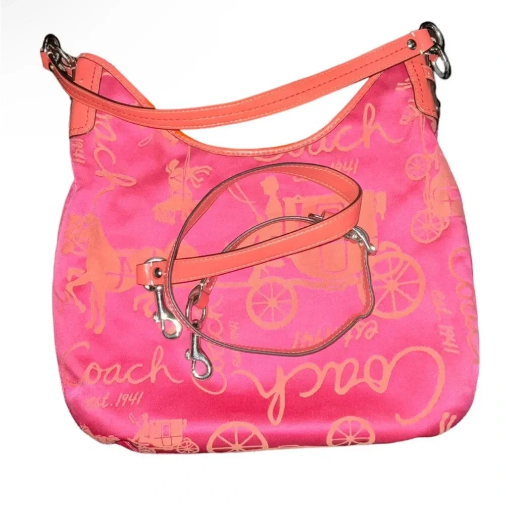 AUTHENTIC COACH HORSE & CARRIAGE HOBO BAG PURSE SATIN LEATHER ORANGE/PINK_RARE